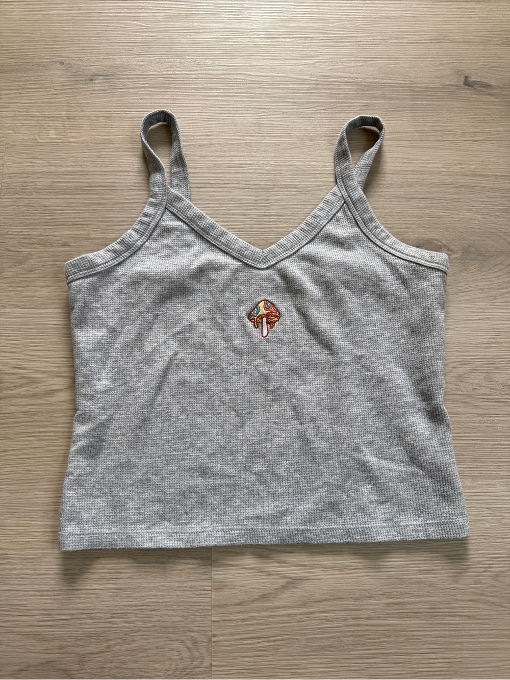 Gray Ribbed V-Neck Camisole Tank Top Mushroom Embroidery Boho Indie Y2K style